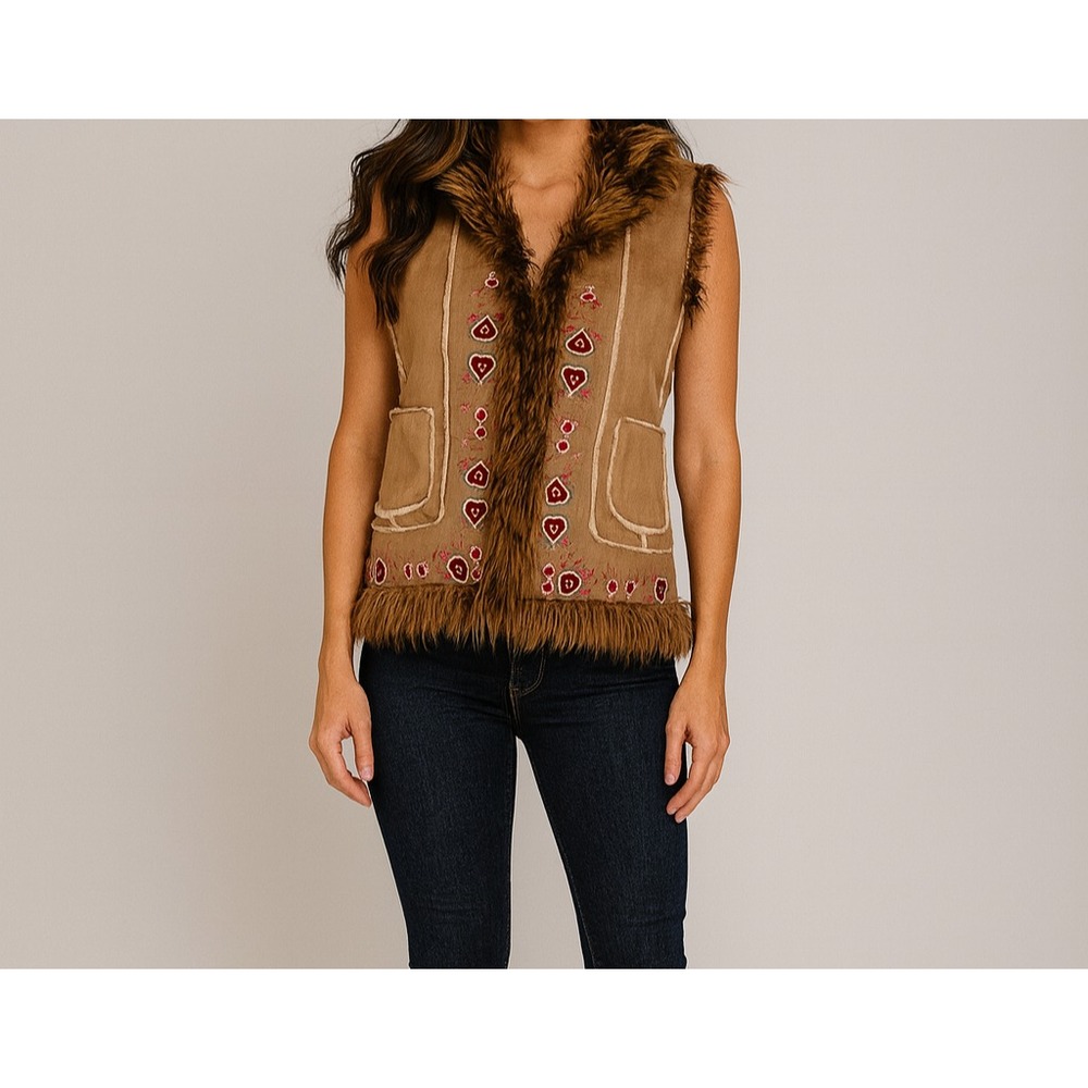 Bacci Faux Suede‎ Tan Embroidered Vest Vintage Size large